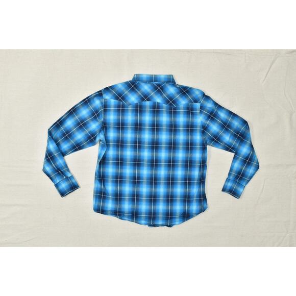 Women's Wrangler Button Tops Size L Long Sleeve Western Plaid Blue Pearl Snap - Picture 8 of 8